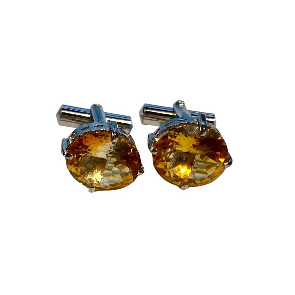 Men's Silver Cufflinks w/ Amber Colored Stone Accents